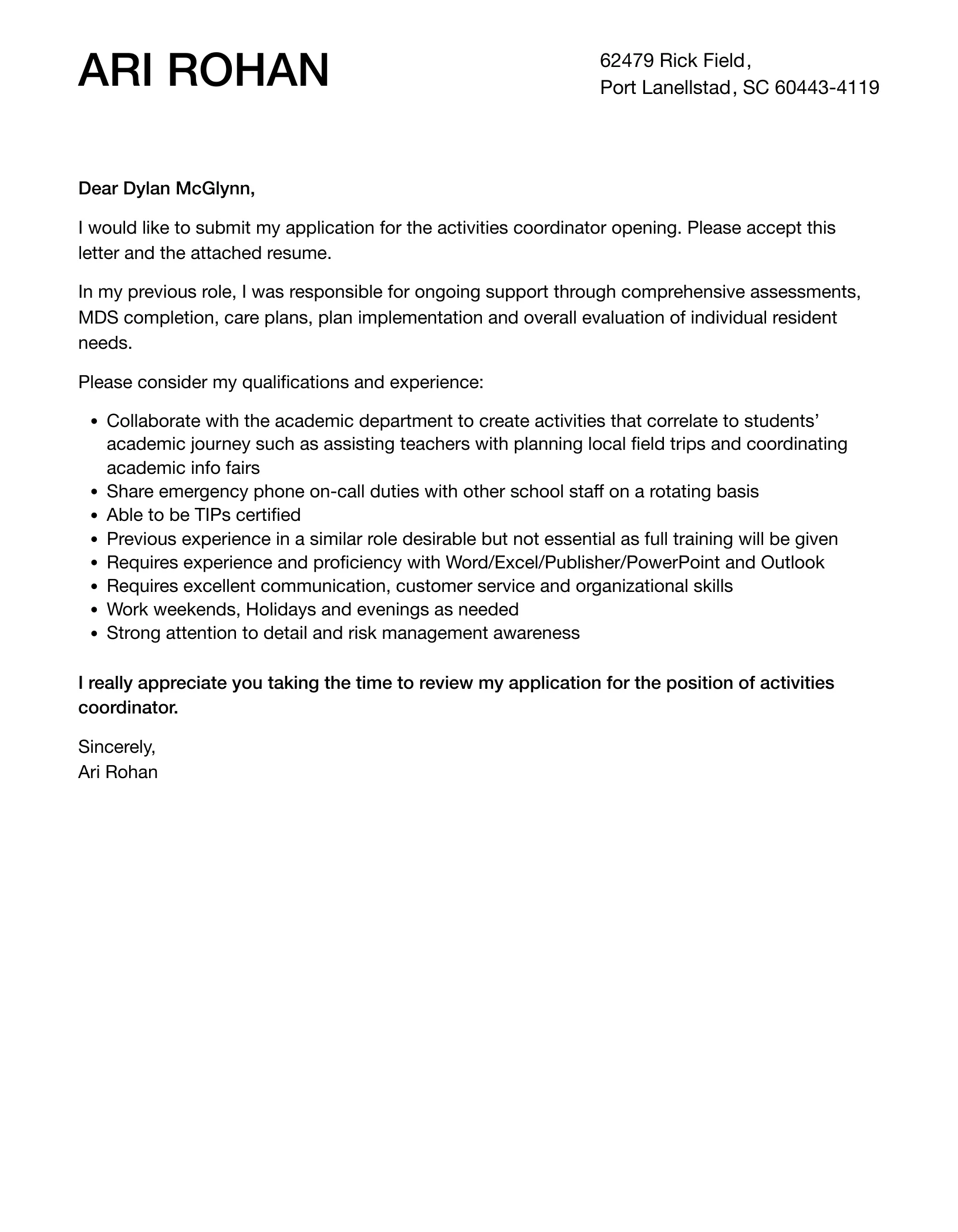 42533 activities coordinator cover letter guide 2