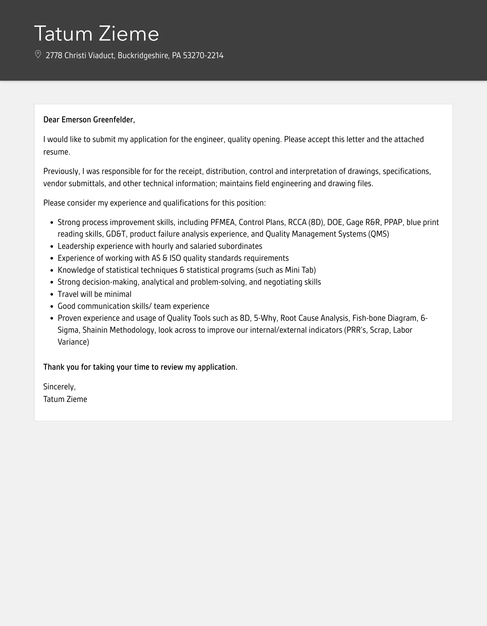 42588 quality engineer examples