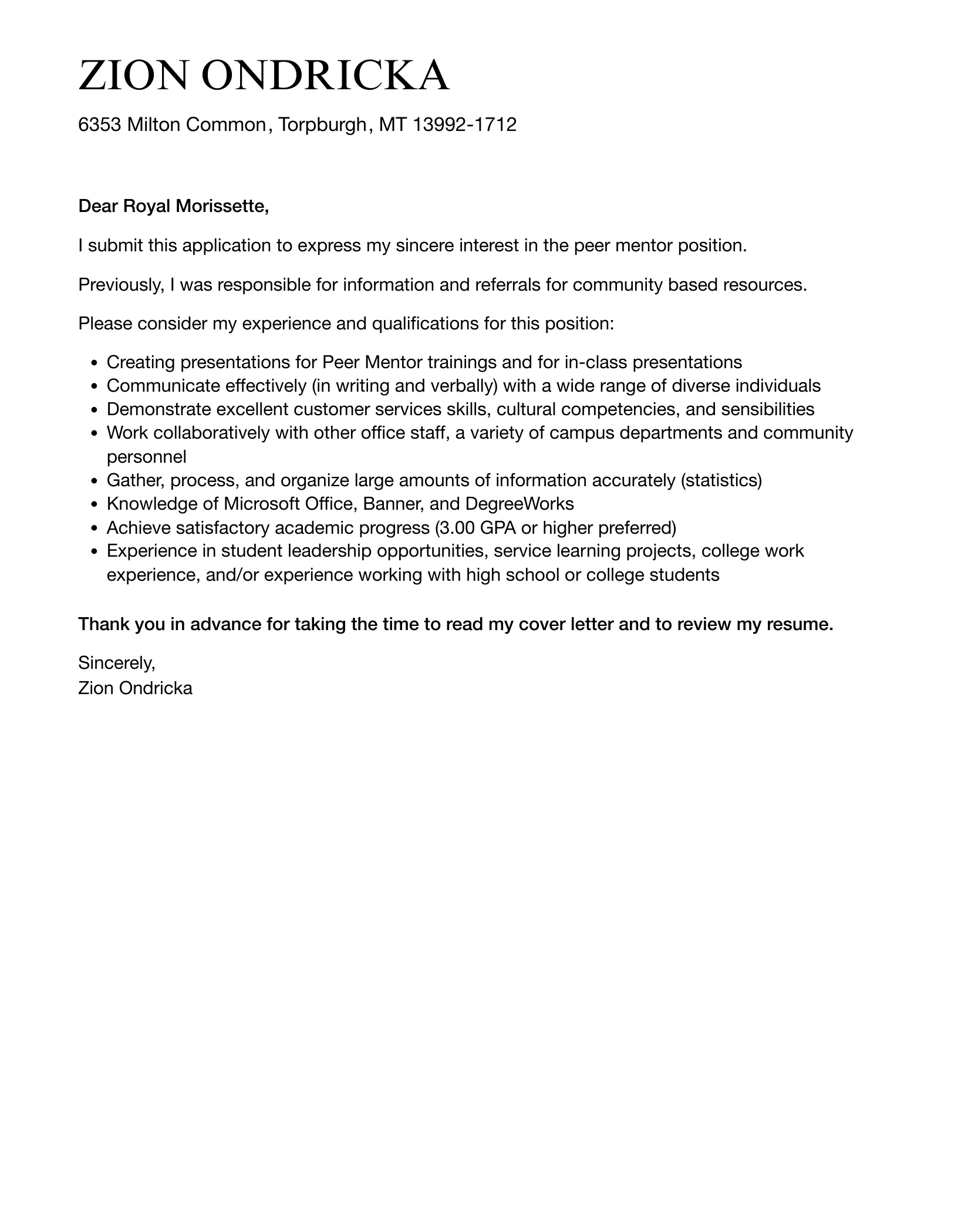 42618 peer mentor cover letter example