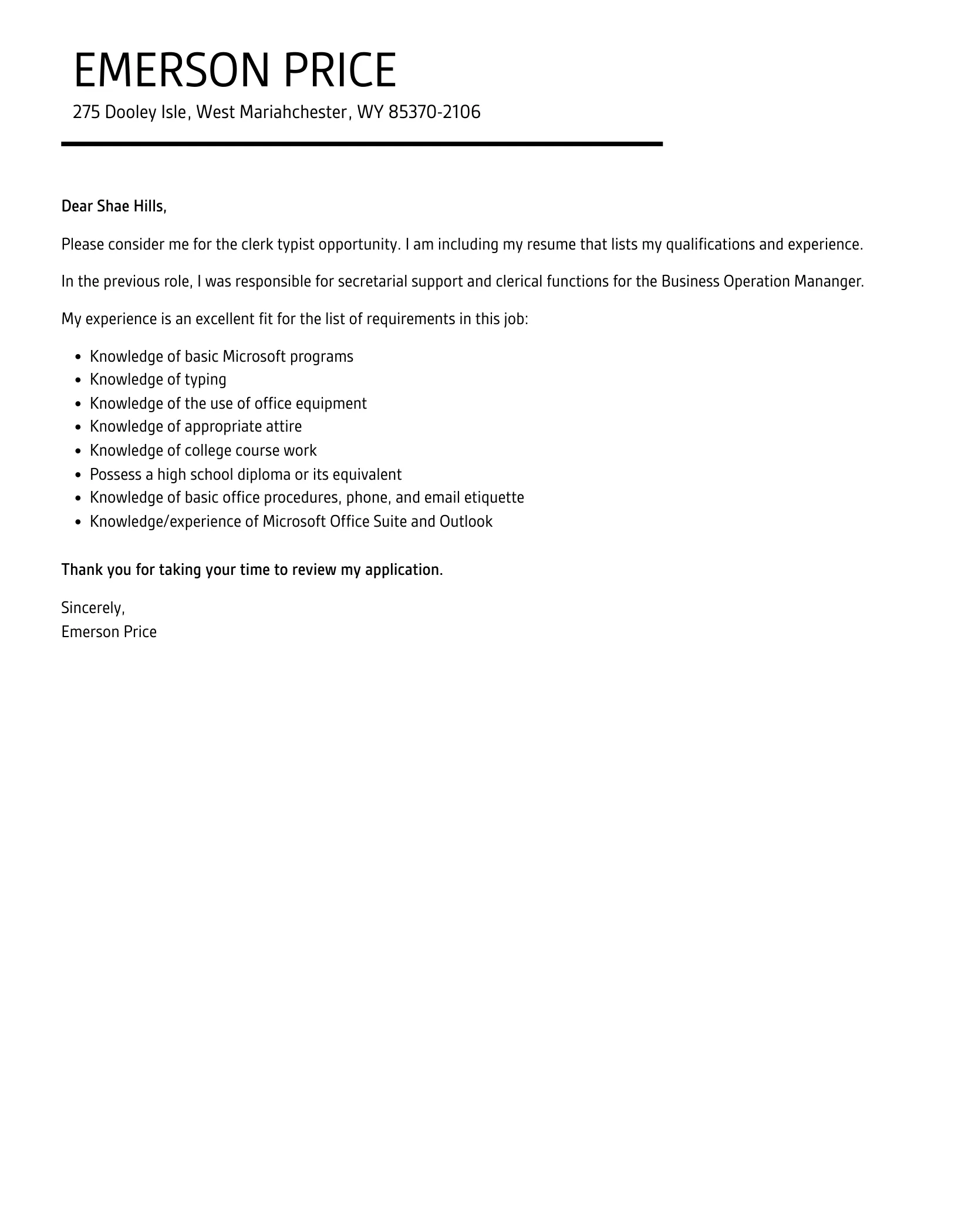 42702 clerk typist cover letter experience