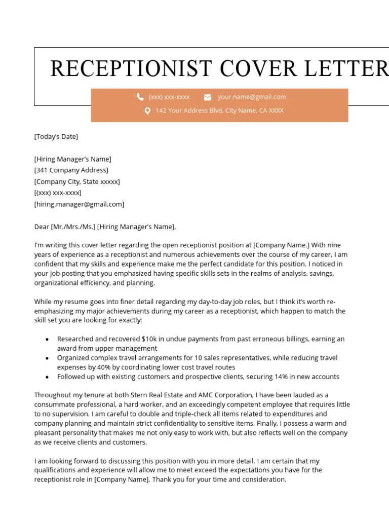 42732 receptionist cover letter writing