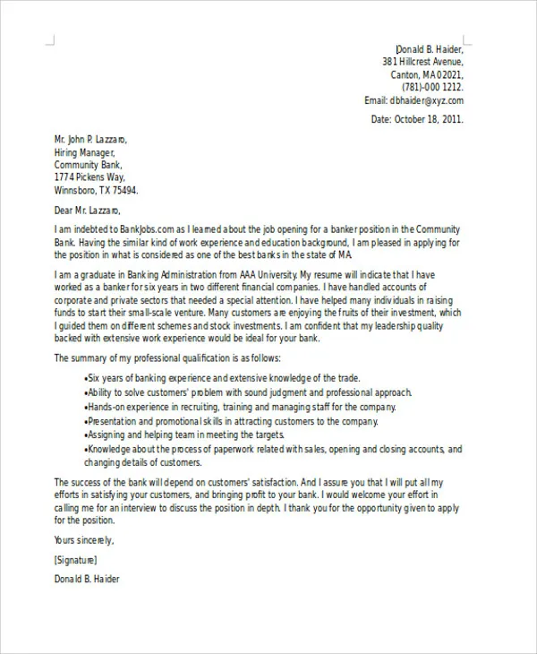 42765 banking cover letter achievements