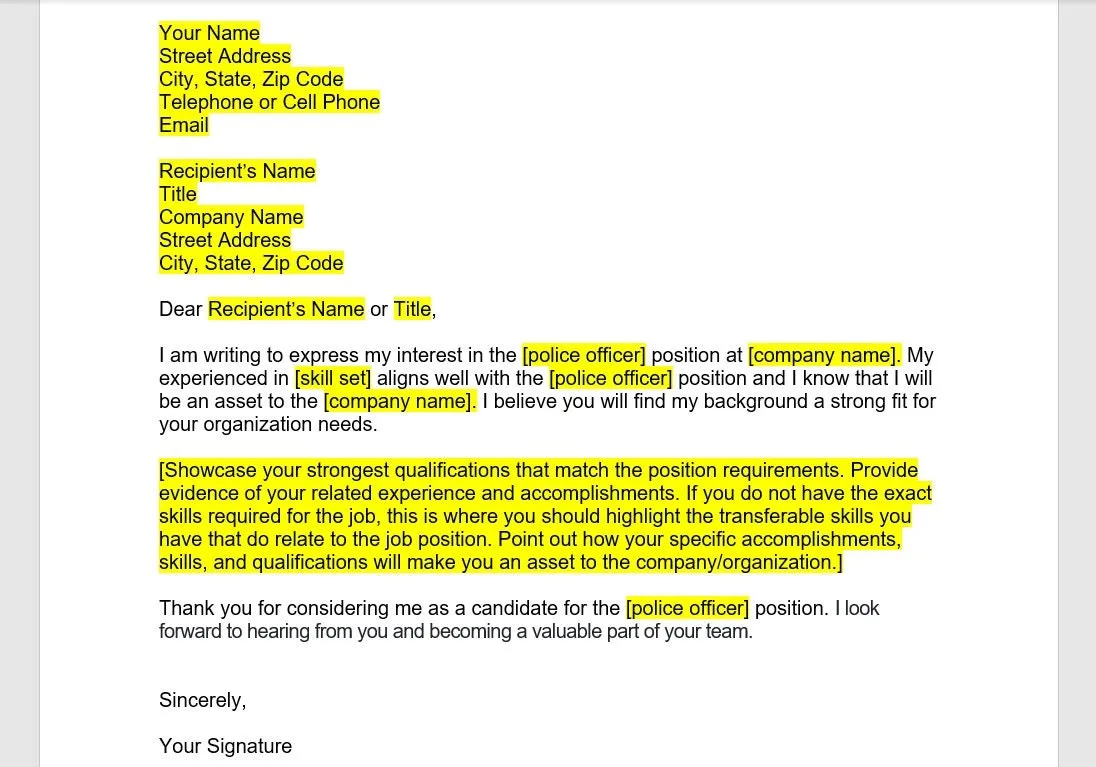 42781 police officer cover letter components