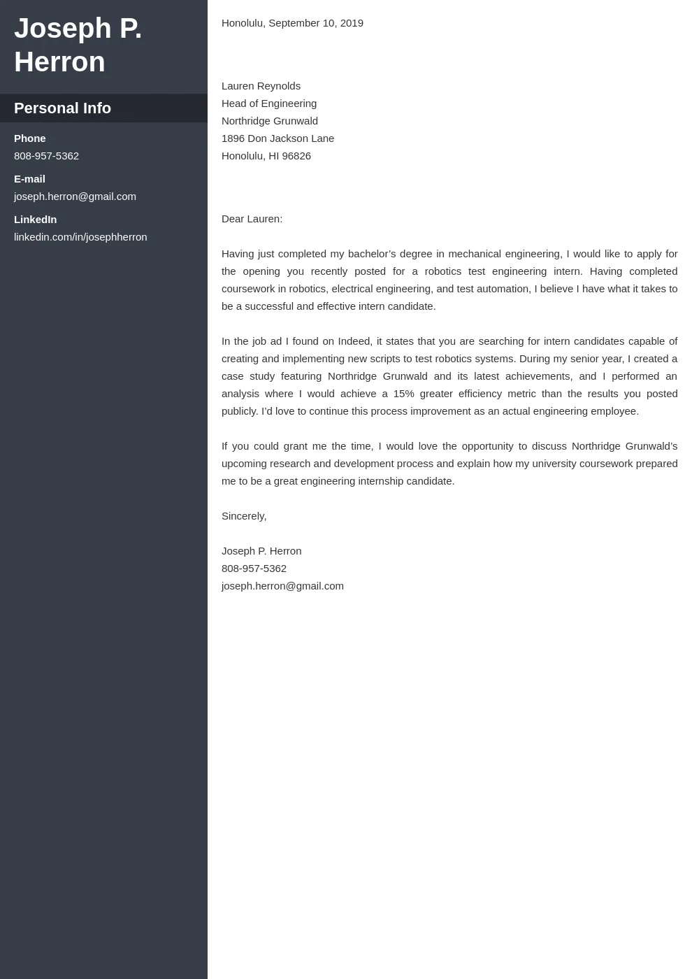 42810 mechanical engineer cover letter